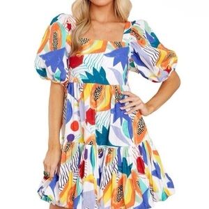 Oliphant Bubble Hem Mini Dress XS Papaya Print Multicolor NWT 🍍